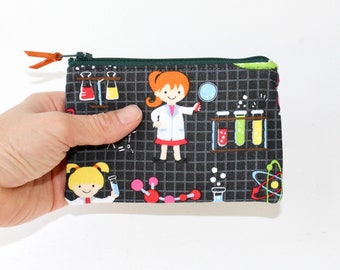 Little Zipper Pouch. Small Zipper Coin Purse. Small Zipper Bag in Black with Girls in Stem, Women in Stem, Scientists, Girl Scientists