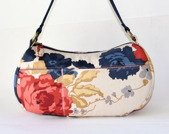 Medium Shoulder Bag. Purse. Everyday Bag. Floral Purse. Shoulder Purse in Tan with Red, Blue, Gold, and Gray Flowers