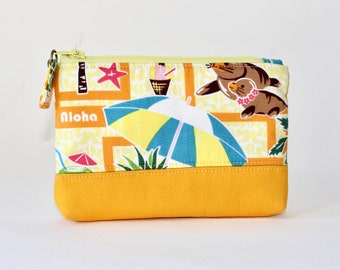 Small Zipper Pouch. Small Zipper Coin Purse. Small Zipper Bag in Yellow with Hawaii Theme, Monk Seal, Shave Ice, Palm Tree, Pineapple