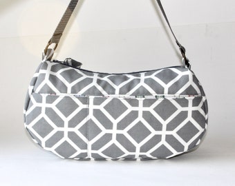 Medium Shoulder Bag, Purse, Everyday Bag, Shoulder Purse, Yellow Shoulder Bag in Gray and White Octagons, Squares, and Shapes