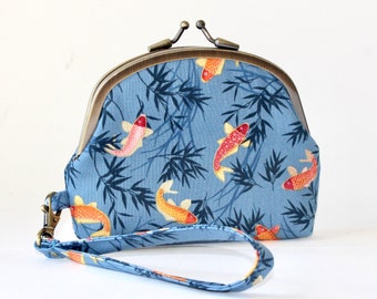 Double Frame Wristlet. Double Frame Purse. 3 Compartment Coin Purse in Blue with Orange and Red Japanese Koi Fish