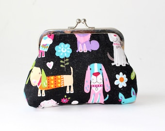 4 in. Medium Coin Purse. Kiss Lock Coin Purse. Change Purse. Coin Purse in Black with Various Dogs