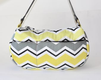 Medium Shoulder Bag, Purse, Everyday Bag, Shoulder Purse, Yellow Shoulder Bag in Yellow, Gray, and White Chevron