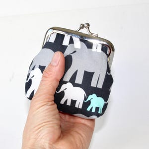 Small Coin Purse. Kiss Lock Coin Purse. Coin Pouch. Change Purse in Gray with Elephants