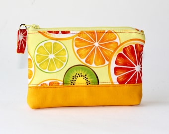 Small Zipper Pouch. Small Zipper Coin Purse. Small Zipper Bag in Yellow and Orange with Citrus Fruits, Oranges, Limes, Lemons, Kiwi