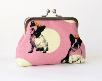 4 in. Medium Coin Purse. Kiss Lock Coin Purse. Change Purse. Dog Coin Pouch in Pink with French Bulldogs