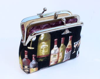 2 Compartment Coin Purse in Black Cotton with Wine Bottles and Wine Glasses. 2 Pocket Coin Purse. Double Frame Purse.