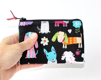 Little Zipper Pouch. Small Zipper Coin Purse. Small Zipper Bag in Black with Various Dogs: Dachshunds, Poodles, Bulldogs