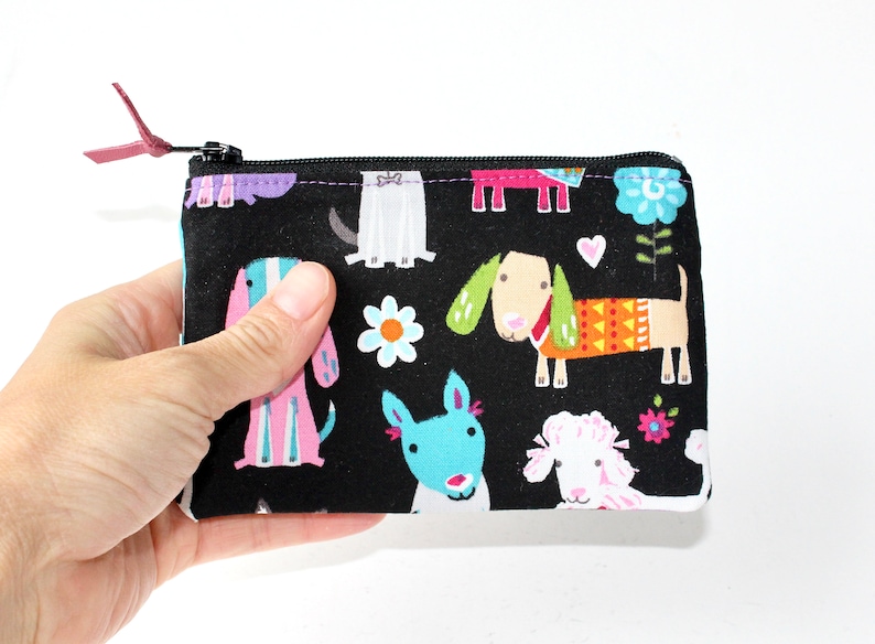 Little Zipper Pouch. Small Zipper Coin Purse. Small Zipper Bag in Black with Various Dogs: Dachshunds, Poodles, Bulldogs image 1