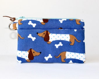 Little ID Pouch. ID Zipper Pouch. Small Zipper Coin Purse. Small Zipper Bag. Zipper Coin Pouch in Blue with Dachshunds and Bones