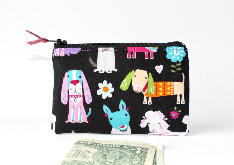 Little Zipper Pouch. Small Zipper Coin Purse. Small Zipper Bag in Black with Various Dogs: Dachshunds, Poodles, Bulldogs image 6