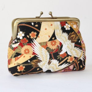 Medium Coin Purse. Kiss Lock Coin Purse. Change Purse. Japanese Cranes Birds in Black with Gold, Orange, and Red image 1