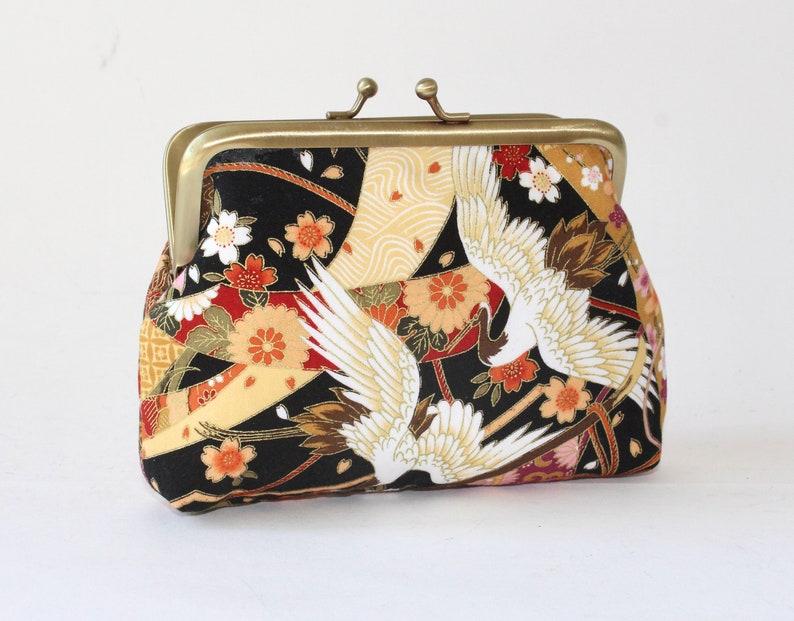 Medium Coin Purse. Kiss Lock Coin Purse. Change Purse. Japanese Cranes Birds in Black with Gold, Orange, and Red image 1