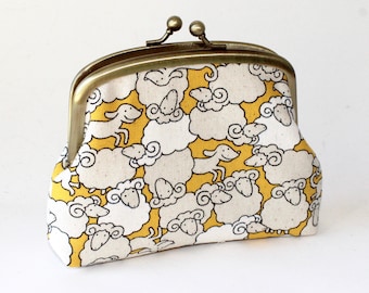 Double Frame Purse. 3 Compartment Coin Purse in Yellow with White Sheep and Dog