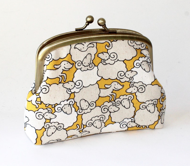 3 Compartment Coin Purse in Yellow with White Sheep and Dog Double Frame Purse