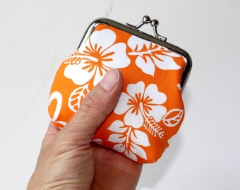 Small Coin Purse. Kiss Lock Coin Purse. Coin Pouch. Change Purse in Orange Hibiscus Flowers