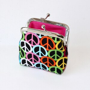 Small Coin Purse. Kiss Lock Coin Purse. Coin Pouch. Change Purse in Rainbow Colors with Peace Signs image 3