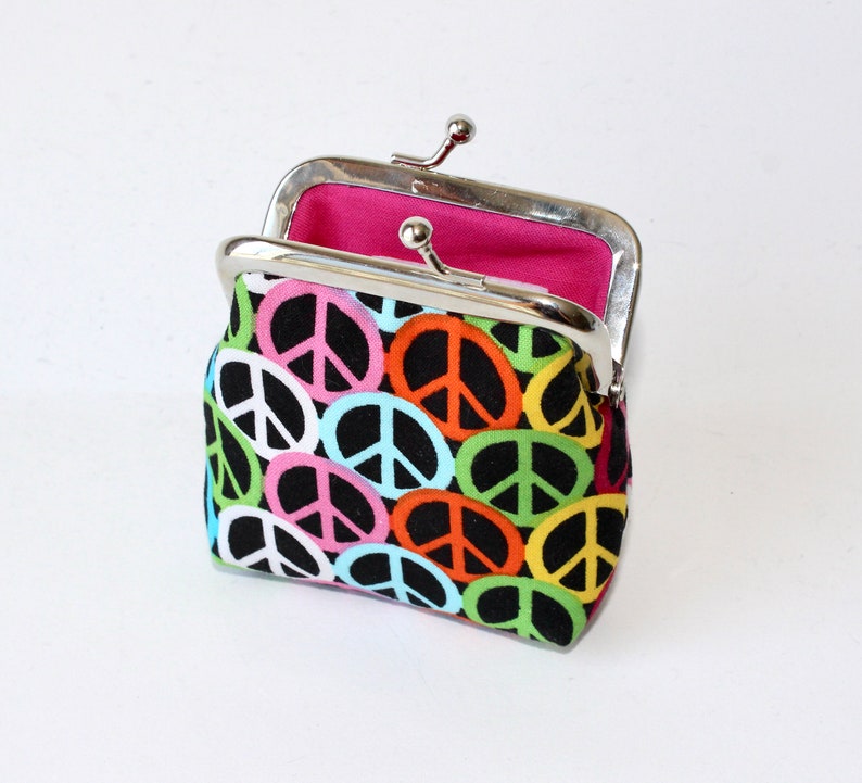 Small Coin Purse. Kiss Lock Coin Purse. Coin Pouch. Change Purse in Rainbow Colors with Peace Signs image 3