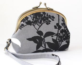 Double Frame Wristlet. Double Frame Purse. 3 Compartment Coin Purse in Gray with Black and White Blossoms and Leaves