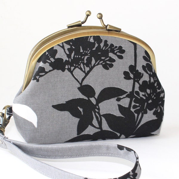 Double Frame Wristlet. Double Frame Purse. 3 Compartment Coin Purse in Gray with Black and White Blossoms and Leaves