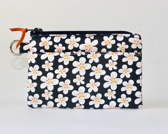 Little ID Pouch. ID Zipper Pouch. Small Zipper Coin Purse. Small Zipper Bag. Zipper Coin Pouch in Navy Blue with White Daisies, Flowers