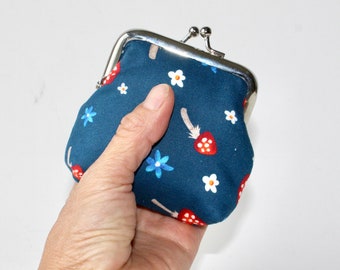 Small Coin Purse. Kiss Lock Coin Purse. Coin Pouch. Change Purse in Blue with Mushrooms and Flowers