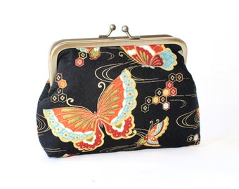 Medium Coin Purse. Kiss Lock Coin Purse. Change Purse. Butterfly Coin Purse in Black with Orange and Gold Butterflies