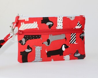 7" Double Zipper Wristlet. 2 Zipper Wristlet. Double Zip Pouch with Strap. Double Zipper Pouch in Red with Dachshunds, Doxies, Hot Dogs