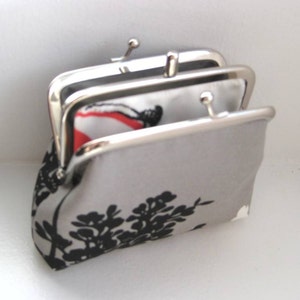 2 Compartment Coin Purse. Two Compartment Coin Purse. Double Frame Coin Purse in Gray with Black and White Blossoms/Braches