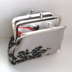 2 Compartment Coin Purse. Two Compartment Coin Purse. Double Frame Coin Purse in Gray with Black and White Blossoms/Braches