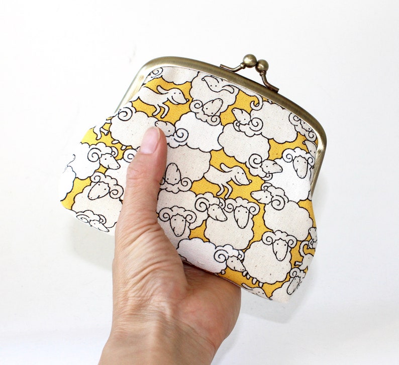 3 Compartment Coin Purse in Yellow with White Sheep and Dog Double Frame Purse