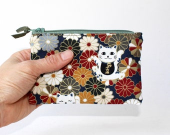 Little Zipper Pouch. Small Zipper Coin Purse. Small Zipper Bag in Asian Print with Chinese Japanese Lucky Cat and Flowers