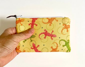 Gecko Print Zipper Pouch: Yellow Cotton Coin Purse