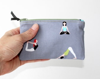 Yoga Poses Zipper Pouch: Gray Cotton Coin Purse