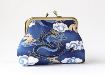 4 in. Medium Coin Purse. Kiss Lock Coin Purse. Change Purse. Dragon Coin Purse in Blue with Gold Accents and White Clouds