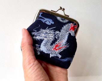 Small Coin Purse. Kiss Lock Coin Purse. Coin Pouch. Change Purse in Blue with Asian Dragons, Japanese Print