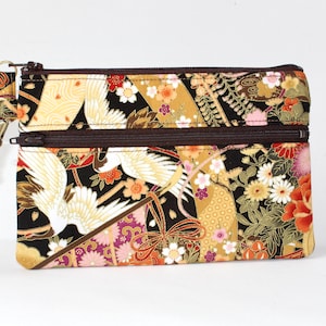 Pulsera de cremallera doble de 7". 2 pulseras con cremallera. Bolsa doble con cremallera con correa. Bolsa de doble cremallera en oro con grullas y flores japonesas