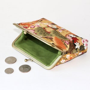 Medium Coin Purse. Kiss Lock Coin Purse. Change Purse. Japanese Cranes Birds in Black with Gold, Orange, and Red image 2