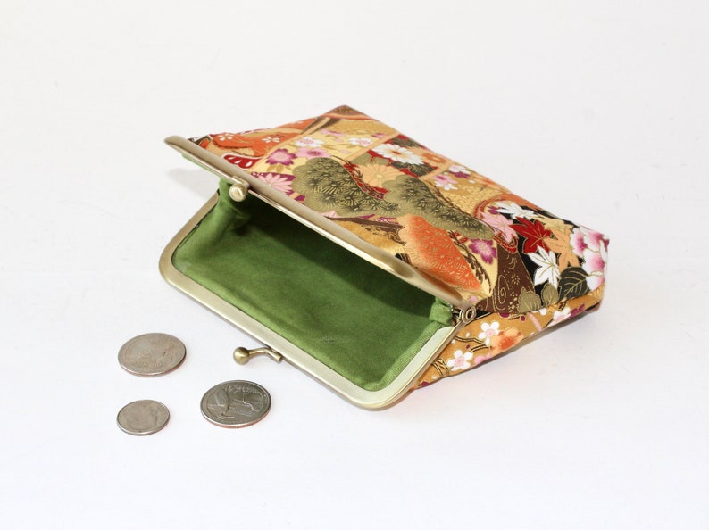 Medium Coin Purse. Kiss Lock Coin Purse. Change Purse. Japanese Cranes Birds in Black with Gold, Orange, and Red image 2