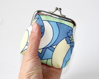 Small Coin Purse. Kiss Lock Coin Purse. Coin Pouch. Change Purse in Blue, Green, Yellow Pastels with Flowers and Shapes