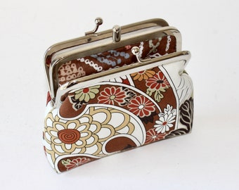 Double Frame Coin Purse: Earth Tone Floral Cotton, Two Compartments