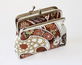 2 Compartment Coin Purse. Two Compartment Coin Purse. Double Frame Coin Purse in Earth Tone Flowers and Leaves