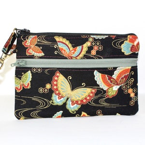 Butterfly Print Double Zipper Wristlet: Black Cotton Pouch