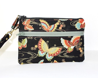 Butterfly Print Double Zipper Wristlet: Black Cotton Pouch