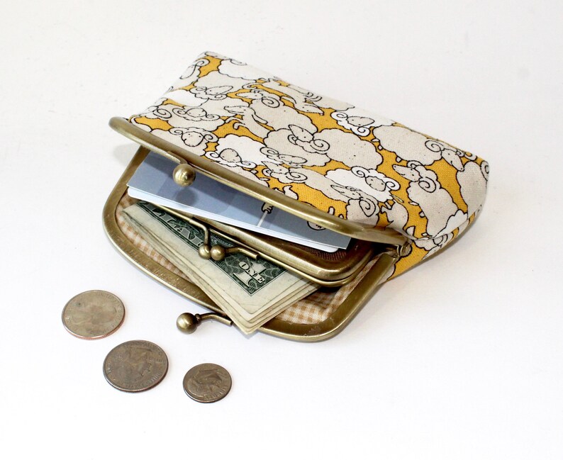 3 Compartment Coin Purse in Yellow with White Sheep and Dog Double Frame Purse