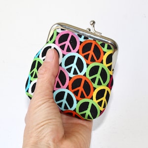 Small Coin Purse. Kiss Lock Coin Purse. Coin Pouch. Change Purse in Rainbow Colors with Peace Signs image 1