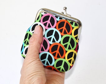 Rainbow Peace Sign Coin Purse: Kiss Lock Change Pouch