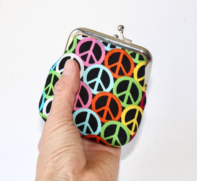 Small Coin Purse. Kiss Lock Coin Purse. Coin Pouch. Change Purse in Rainbow Colors with Peace Signs image 1