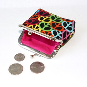 Small Coin Purse. Kiss Lock Coin Purse. Coin Pouch. Change Purse in Rainbow Colors with Peace Signs image 2