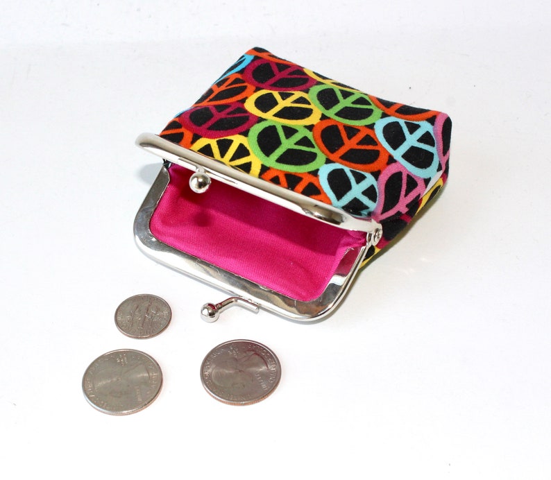 Small Coin Purse. Kiss Lock Coin Purse. Coin Pouch. Change Purse in Rainbow Colors with Peace Signs image 2